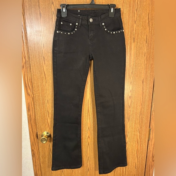 Platinum Plush Denim - Platinum Plush Rhinestone Embellished Studded Black Biker Angel Jeans